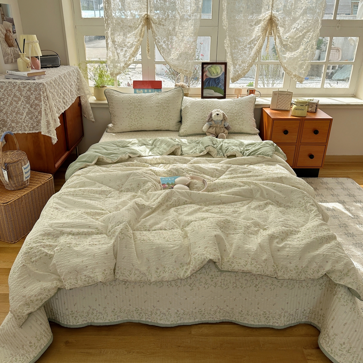 91家纺网 家纺一手货源 找家纺 初念 2026新款高品质A类泡芙纱床盖夏被四件套-青提系列（晚风渐热，温柔续夏） 青提-浅夏花信