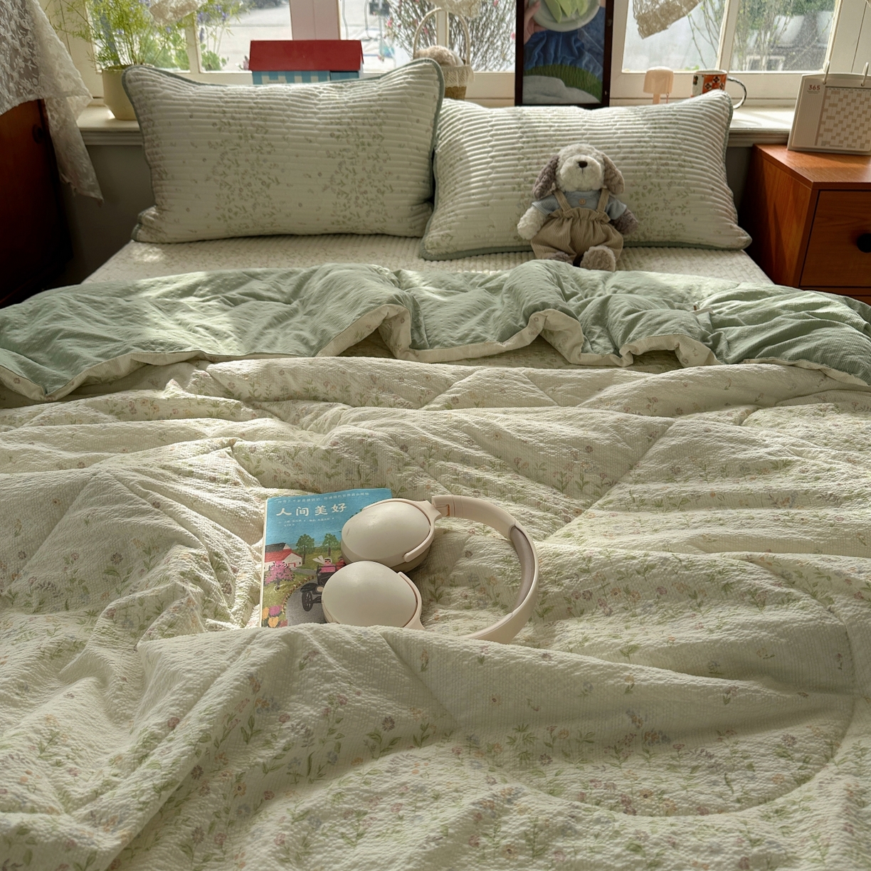 91家纺网 家纺一手货源 找家纺 初念 2026新款高品质A类泡芙纱床盖夏被四件套-青提系列（晚风渐热，温柔续夏） 青提-浅夏花信