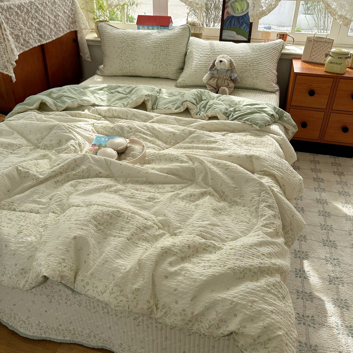 91家纺网 家纺一手货源 找家纺 初念 2026新款高品质A类泡芙纱床盖夏被四件套-青提系列（晚风渐热，温柔续夏） 青提-浅夏花信