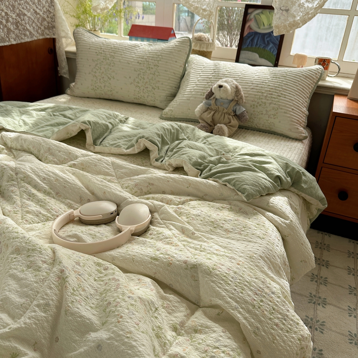 91家纺网 家纺一手货源 找家纺 初念 2026新款高品质A类泡芙纱床盖夏被四件套-青提系列（晚风渐热，温柔续夏） 青提-浅夏花信