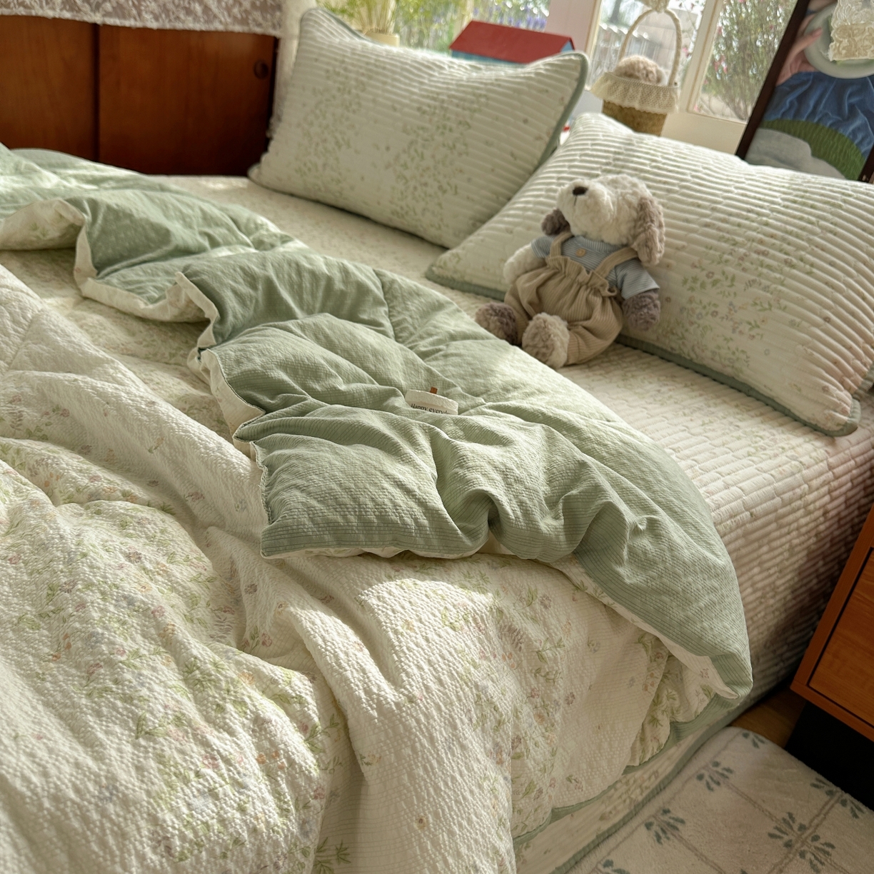 91家纺网 家纺一手货源 找家纺 初念 2026新款高品质A类泡芙纱床盖夏被四件套-青提系列（晚风渐热，温柔续夏） 青提-浅夏花信