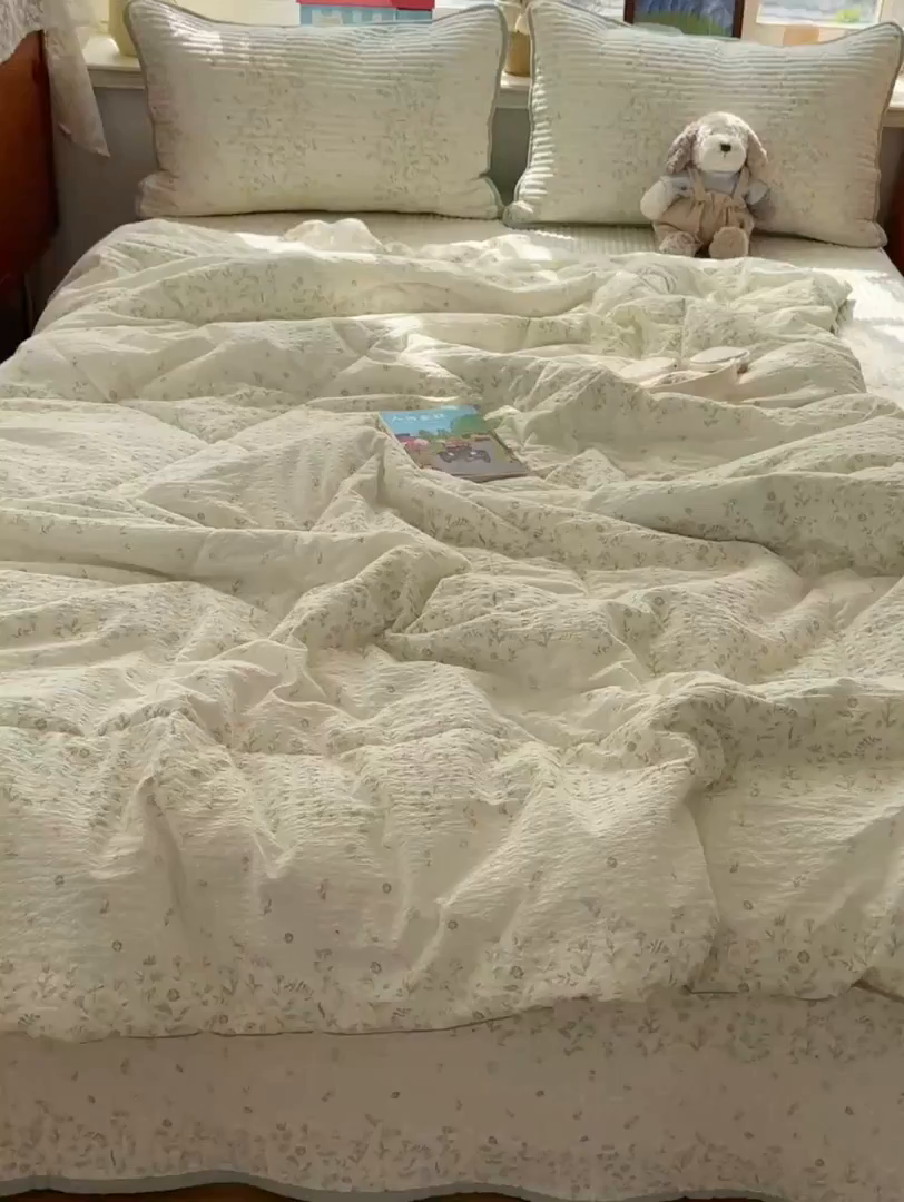 91家纺网 家纺一手货源 找家纺 初念 2026新款高品质A类泡芙纱床盖夏被四件套-青提系列（晚风渐热，温柔续夏） 青提-浅夏花信