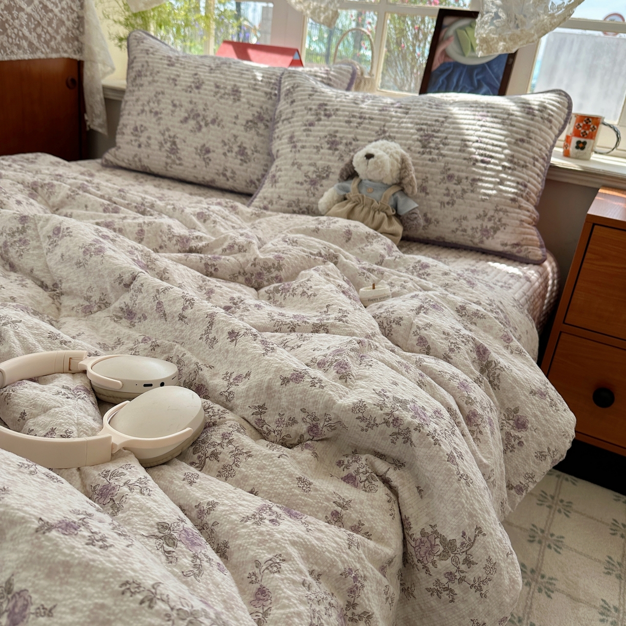 91家纺网 家纺一手货源 找家纺 初念 2026新款高品质A类泡芙纱床盖夏被四件套-青提系列（晚风渐热，温柔续夏） 青提-柔紫碎花屿