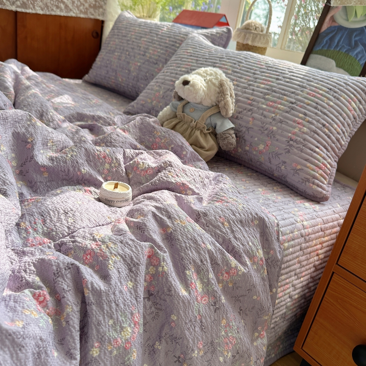 91家纺网 家纺一手货源 找家纺 初念 2026新款高品质A类泡芙纱床盖夏被四件套-青提系列（晚风渐热，温柔续夏） 青提-松间茶事