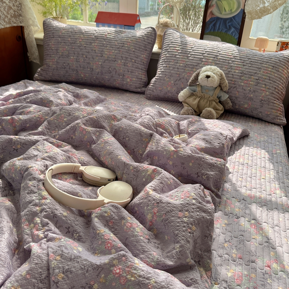 91家纺网 家纺一手货源 找家纺 初念 2026新款高品质A类泡芙纱床盖夏被四件套-青提系列（晚风渐热，温柔续夏） 青提-松间茶事