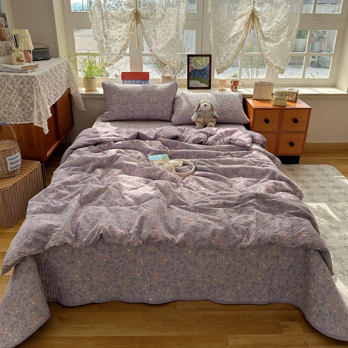 91家纺网 家纺一手货源 找家纺 初念 2026新款高品质A类泡芙纱床盖夏被四件套-青提系列（晚风渐热，温柔续夏） 青提-松间茶事