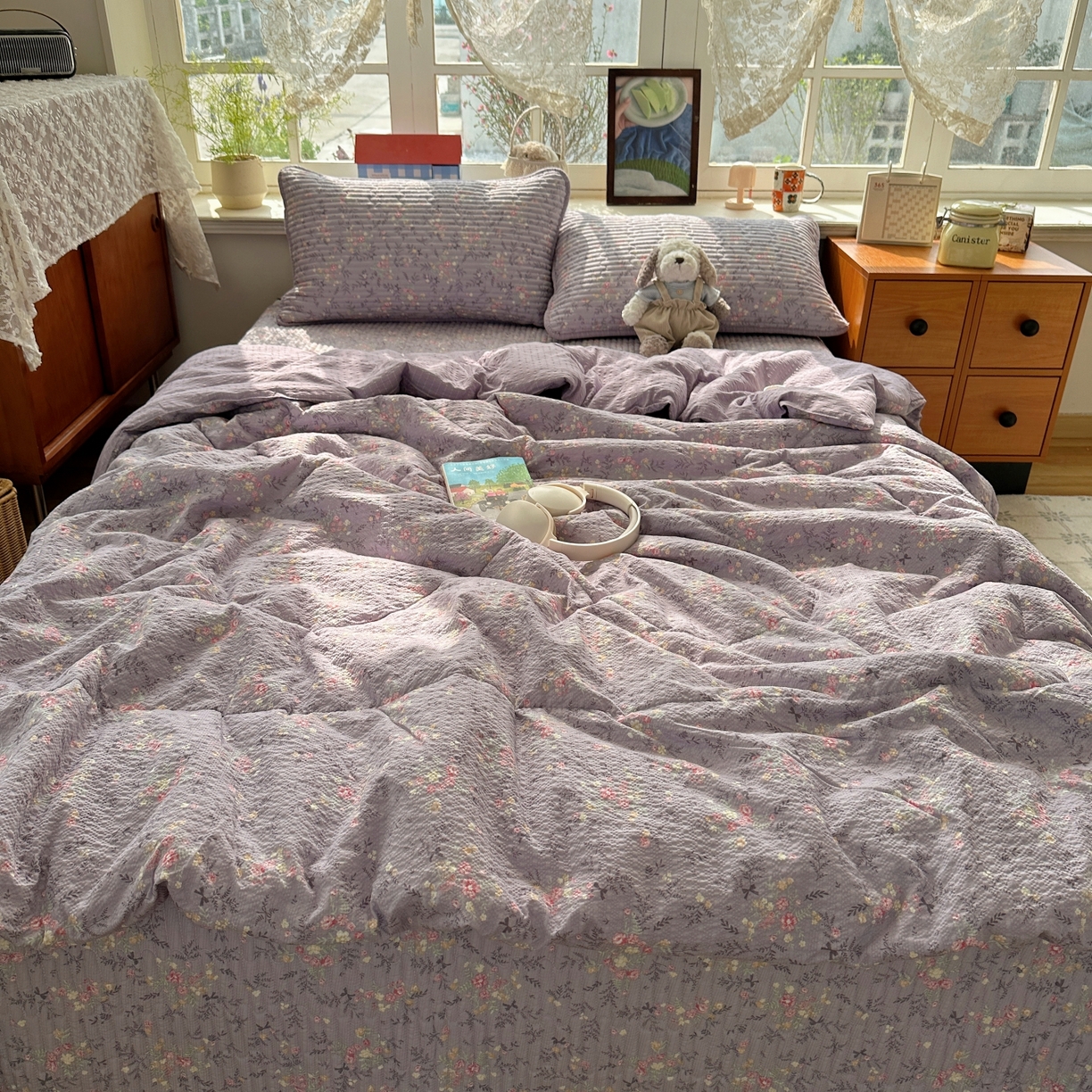 91家纺网 家纺一手货源 找家纺 初念 2026新款高品质A类泡芙纱床盖夏被四件套-青提系列（晚风渐热，温柔续夏） 青提-松间茶事