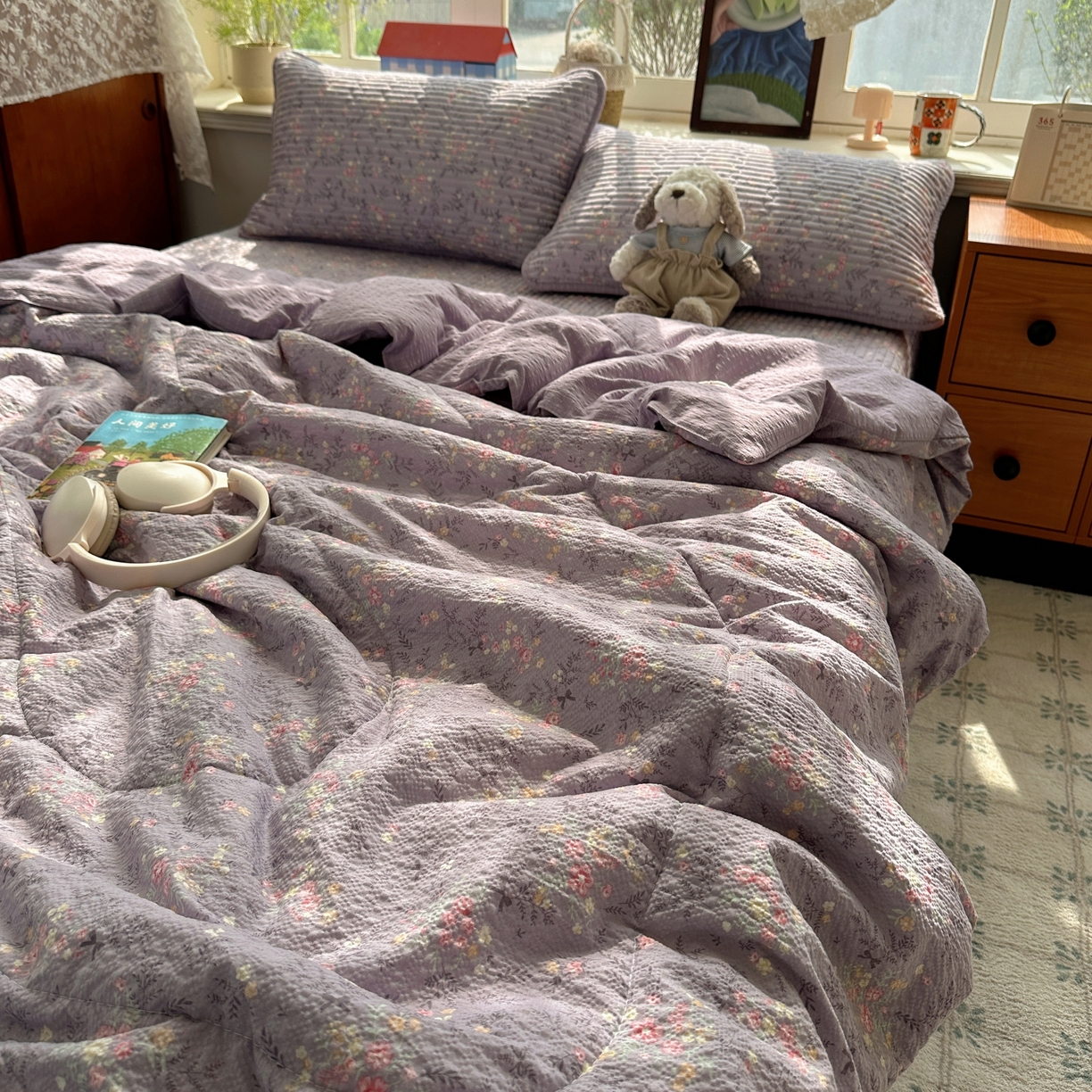 91家纺网 家纺一手货源 找家纺 初念 2026新款高品质A类泡芙纱床盖夏被四件套-青提系列（晚风渐热，温柔续夏） 青提-松间茶事