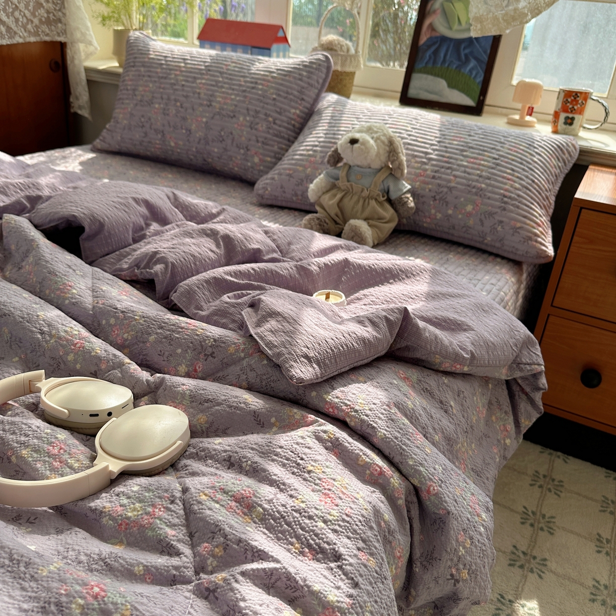 91家纺网 家纺一手货源 找家纺 初念 2026新款高品质A类泡芙纱床盖夏被四件套-青提系列（晚风渐热，温柔续夏） 青提-松间茶事