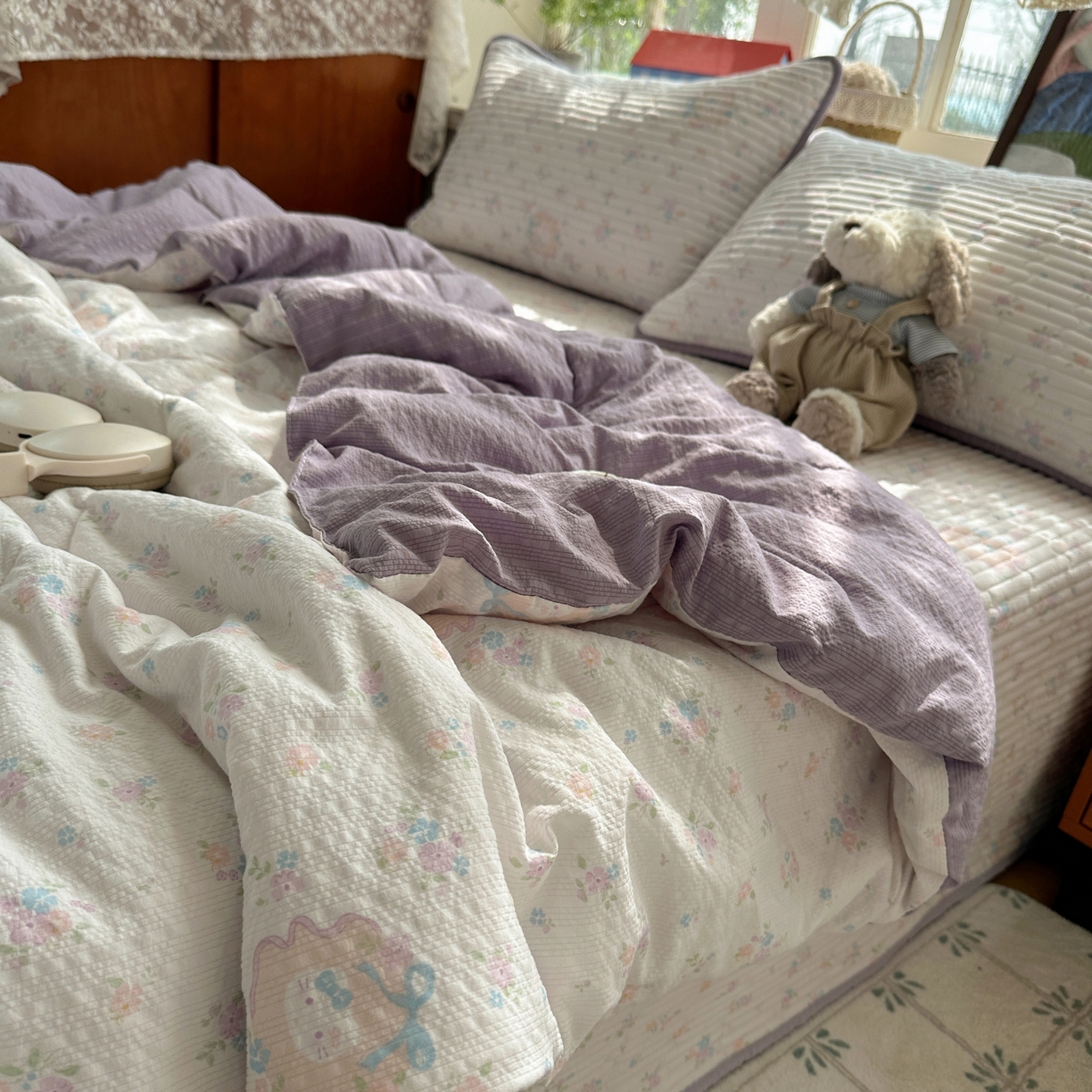 91家纺网 家纺一手货源 找家纺 初念 2026新款高品质A类泡芙纱床盖夏被四件套-青提系列（晚风渐热，温柔续夏） 青提-碎花藏甜