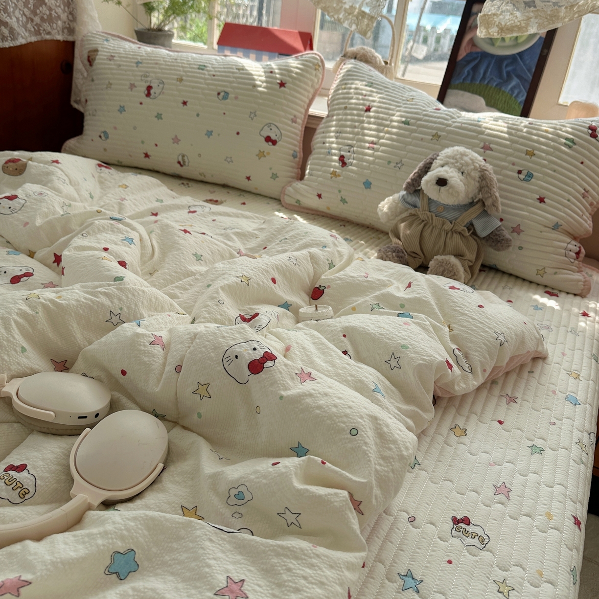 91家纺网 家纺一手货源 找家纺 初念 2026新款高品质A类泡芙纱床盖夏被四件套-青提系列（晚风渐热，温柔续夏） 青提-星芒凯蒂