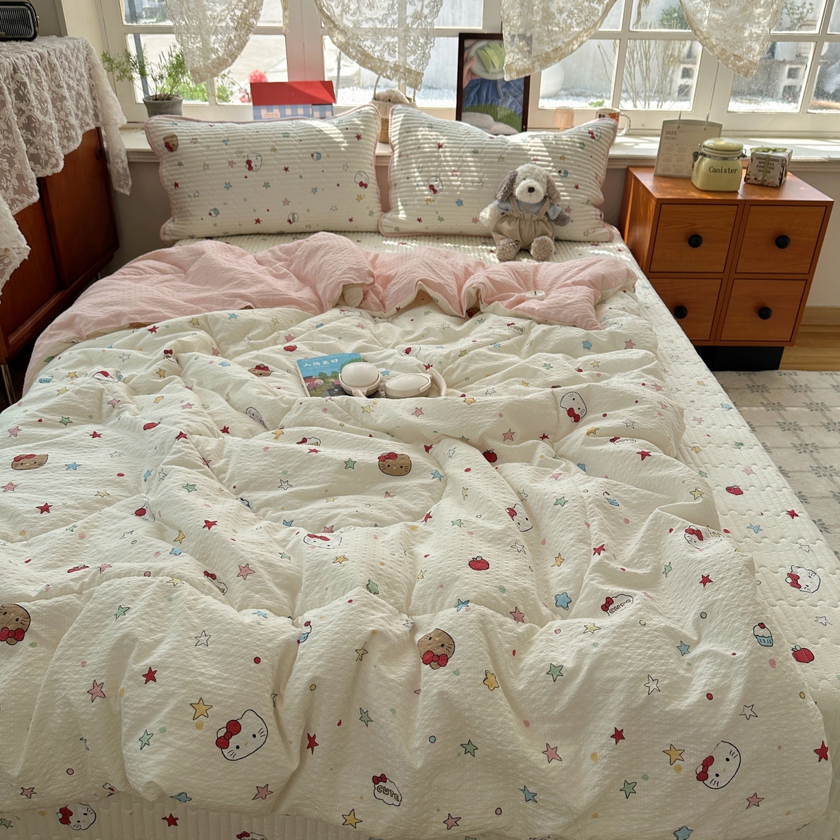 91家纺网 家纺一手货源 找家纺 初念 2026新款高品质A类泡芙纱床盖夏被四件套-青提系列（晚风渐热，温柔续夏） 青提-星芒凯蒂