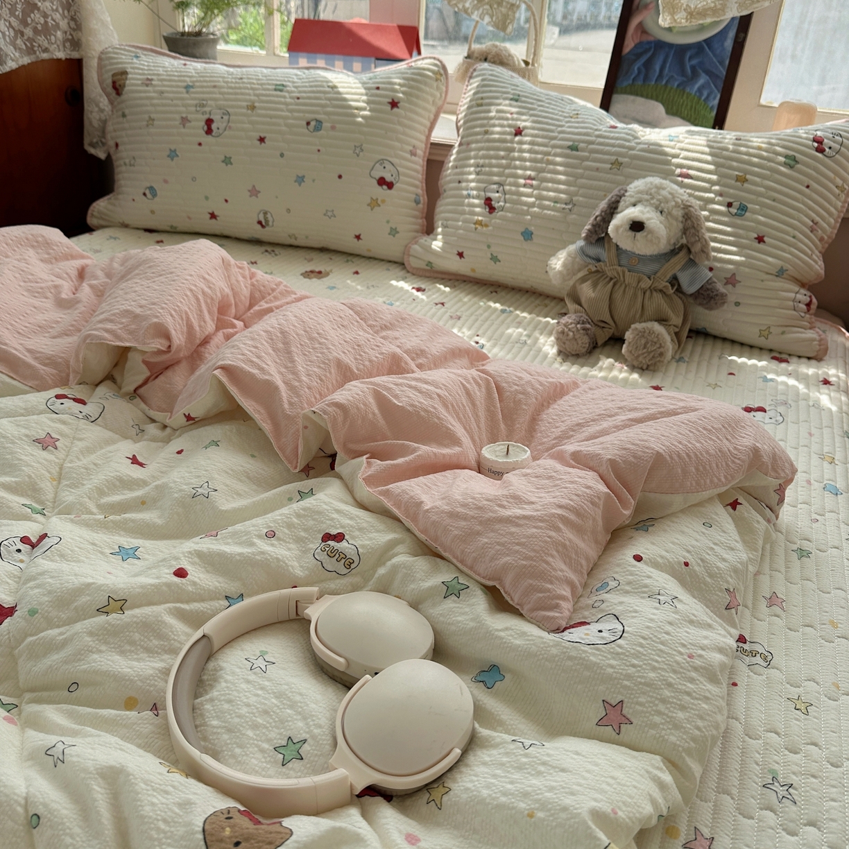 91家纺网 家纺一手货源 找家纺 初念 2026新款高品质A类泡芙纱床盖夏被四件套-青提系列（晚风渐热，温柔续夏） 青提-星芒凯蒂