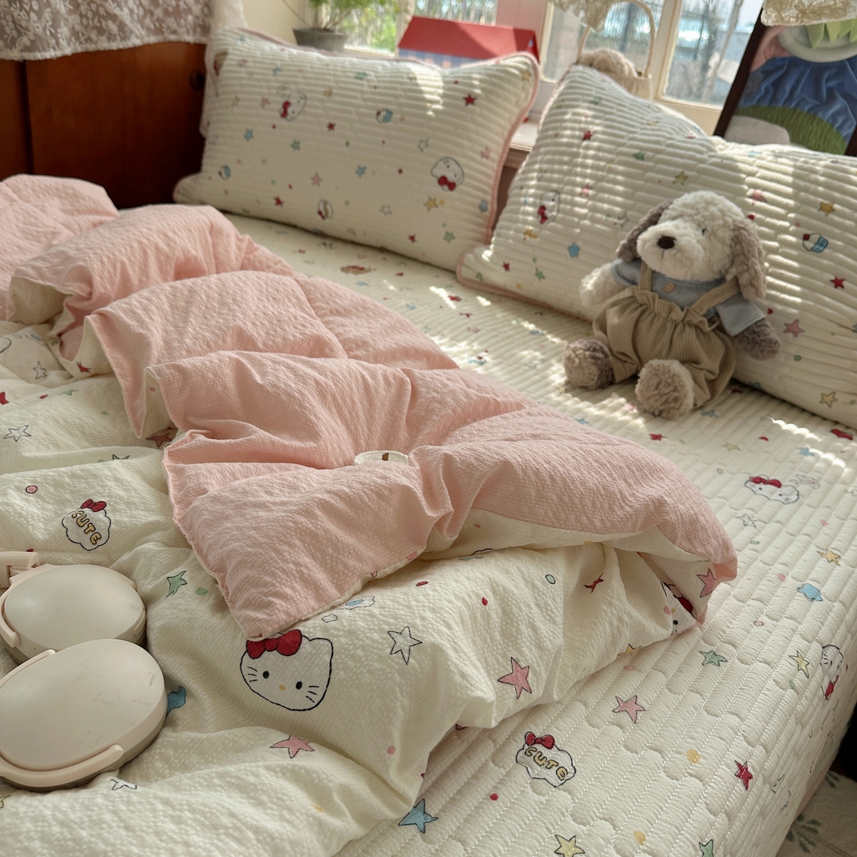 91家纺网 家纺一手货源 找家纺 初念 2026新款高品质A类泡芙纱床盖夏被四件套-青提系列（晚风渐热，温柔续夏） 青提-星芒凯蒂