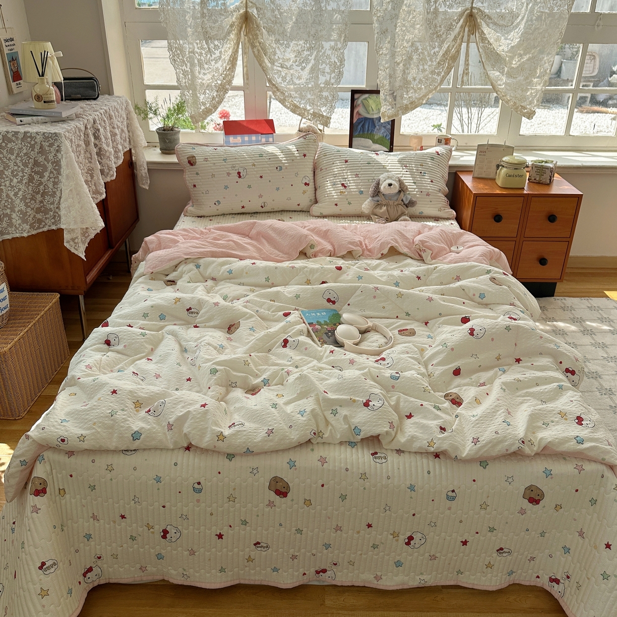 91家纺网 家纺一手货源 找家纺 初念 2026新款高品质A类泡芙纱床盖夏被四件套-青提系列（晚风渐热，温柔续夏） 青提-星芒凯蒂