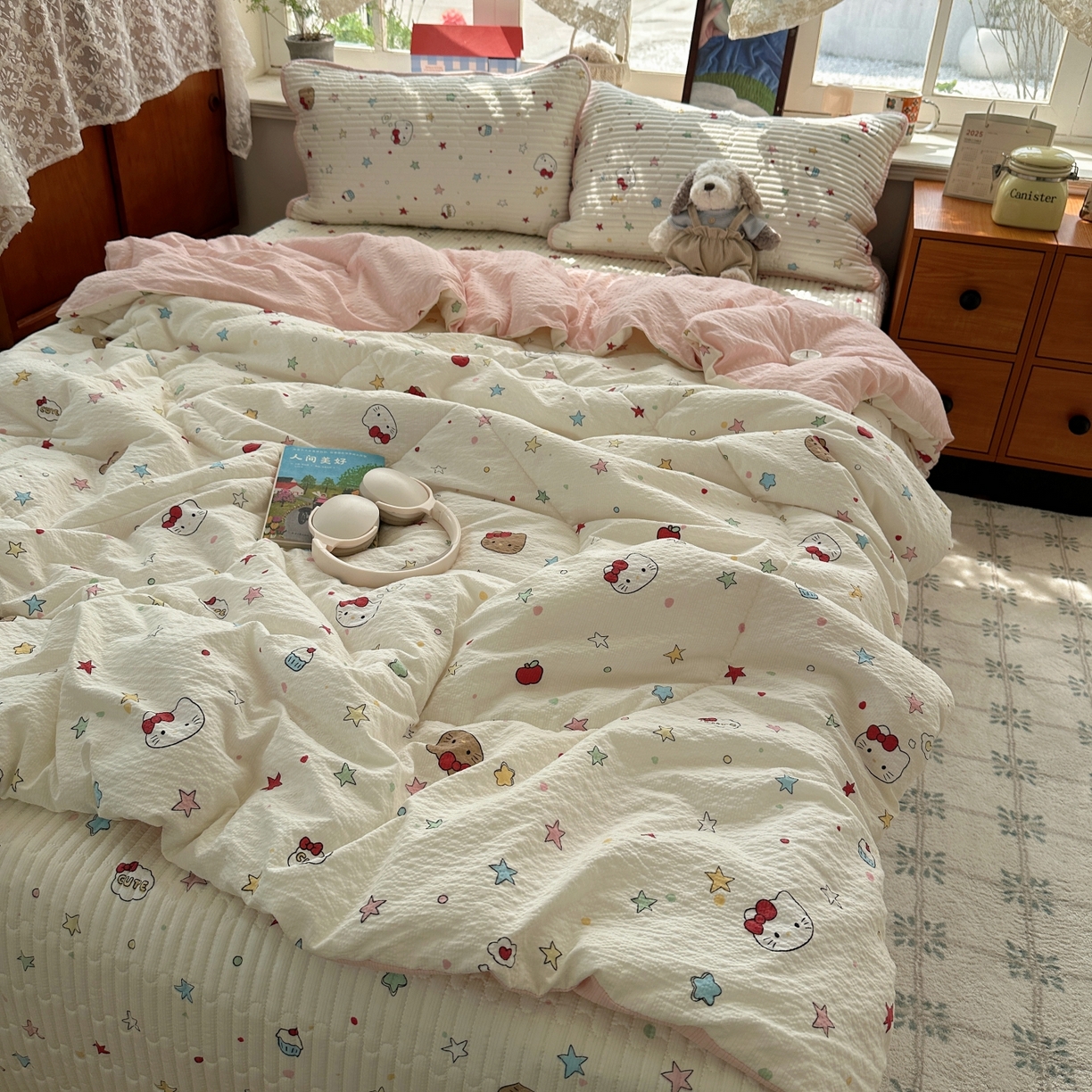 91家纺网 家纺一手货源 找家纺 初念 2026新款高品质A类泡芙纱床盖夏被四件套-青提系列（晚风渐热，温柔续夏） 青提-星芒凯蒂