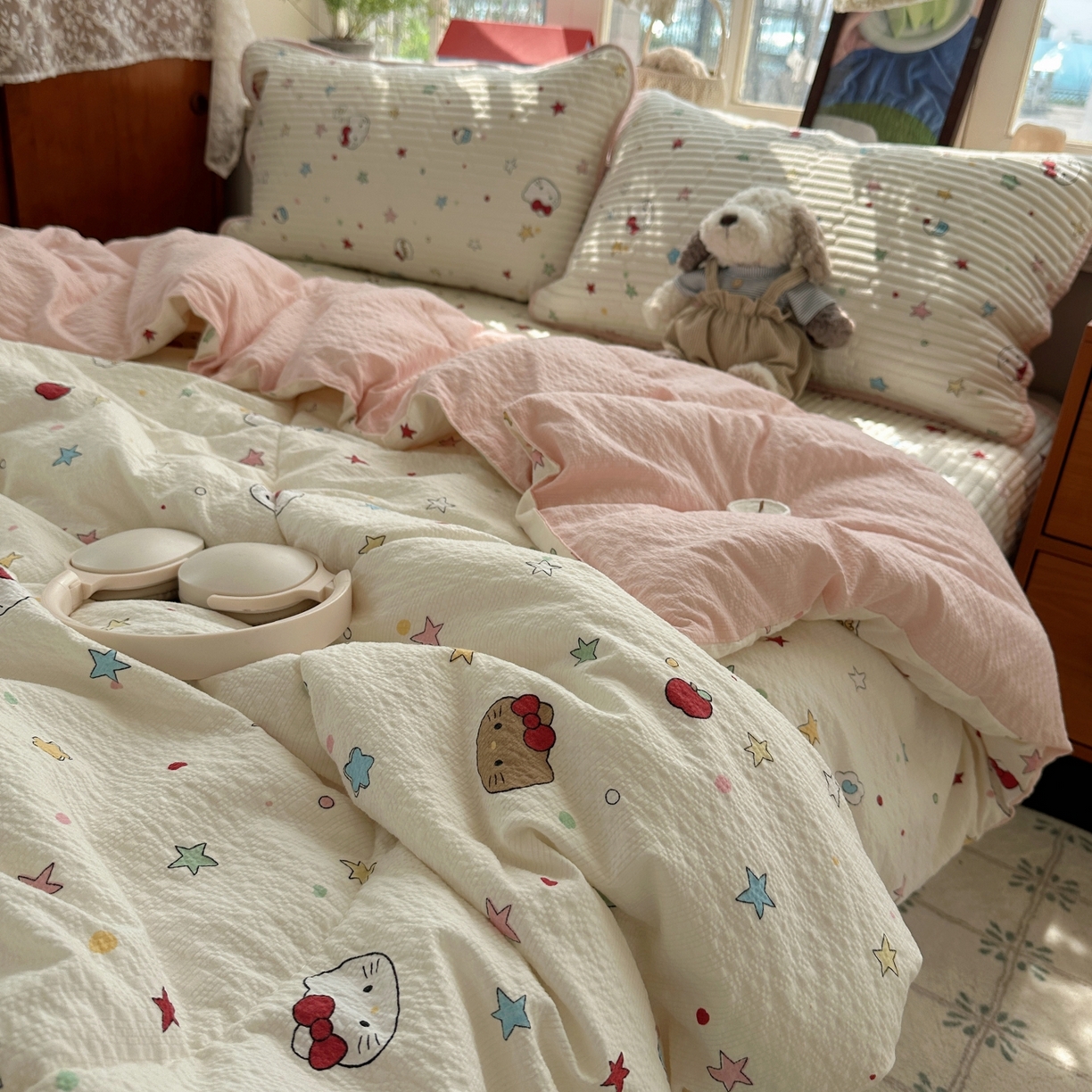 91家纺网 家纺一手货源 找家纺 初念 2026新款高品质A类泡芙纱床盖夏被四件套-青提系列（晚风渐热，温柔续夏） 青提-星芒凯蒂