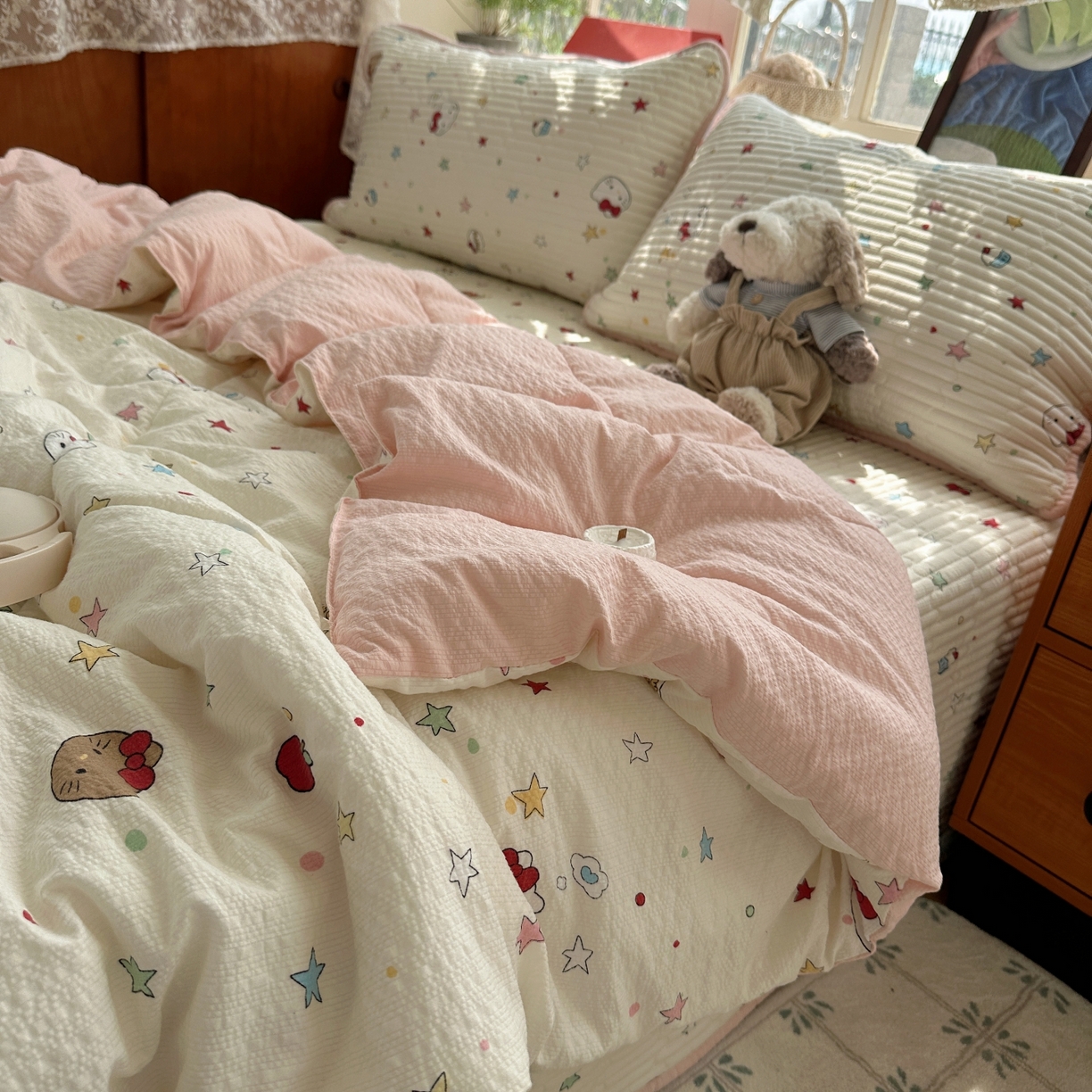 91家纺网 家纺一手货源 找家纺 初念 2026新款高品质A类泡芙纱床盖夏被四件套-青提系列（晚风渐热，温柔续夏） 青提-星芒凯蒂