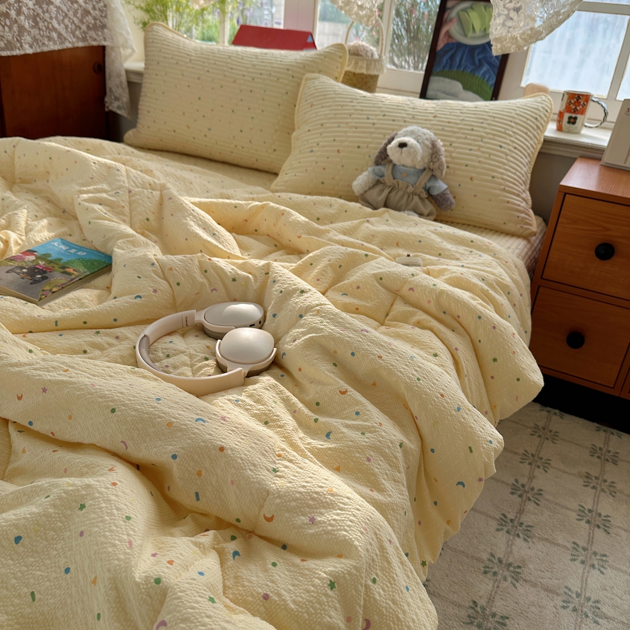 91家纺网 家纺一手货源 找家纺 初念 2026新款高品质A类泡芙纱床盖夏被四件套-青提系列（晚风渐热，温柔续夏） 青提-星月糖粒