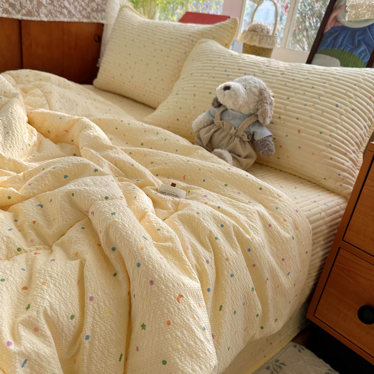 91家纺网 家纺一手货源 找家纺 初念 2026新款高品质A类泡芙纱床盖夏被四件套-青提系列（晚风渐热，温柔续夏） 青提-星月糖粒