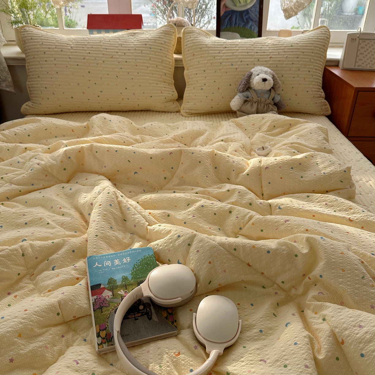 91家纺网 家纺一手货源 找家纺 初念 2026新款高品质A类泡芙纱床盖夏被四件套-青提系列（晚风渐热，温柔续夏） 青提-星月糖粒