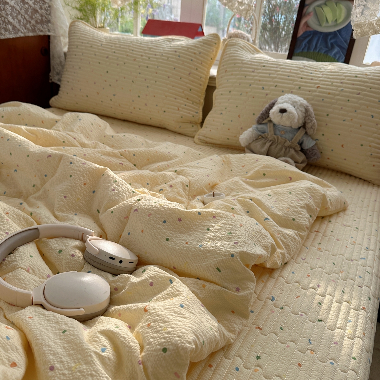 91家纺网 家纺一手货源 找家纺 初念 2026新款高品质A类泡芙纱床盖夏被四件套-青提系列（晚风渐热，温柔续夏） 青提-星月糖粒