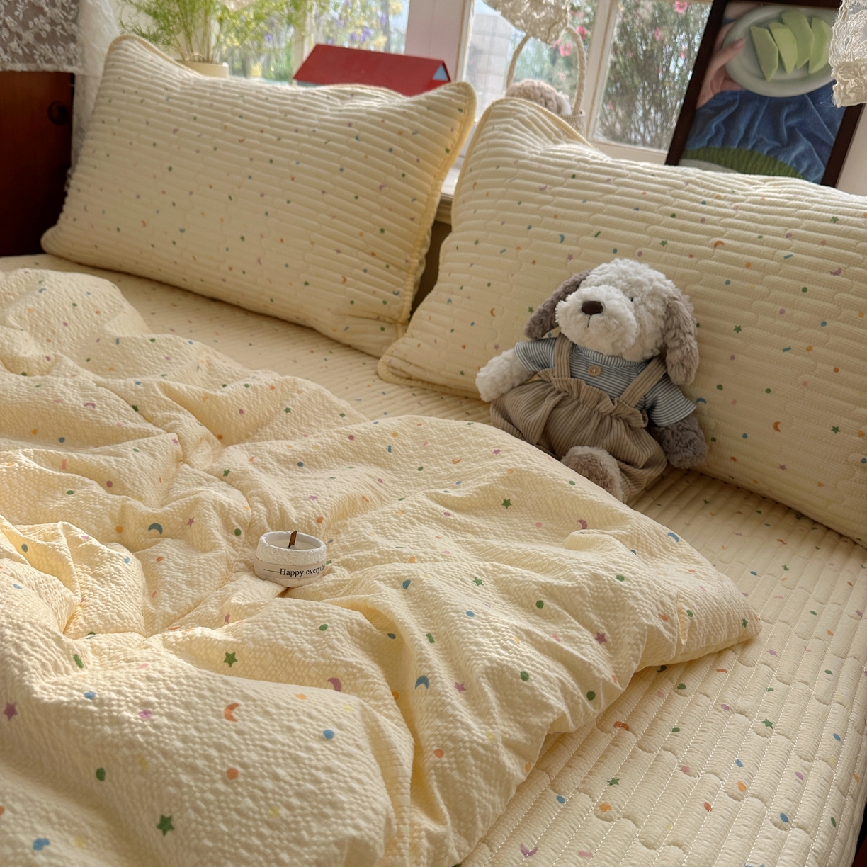 91家纺网 家纺一手货源 找家纺 初念 2026新款高品质A类泡芙纱床盖夏被四件套-青提系列（晚风渐热，温柔续夏） 青提-星月糖粒