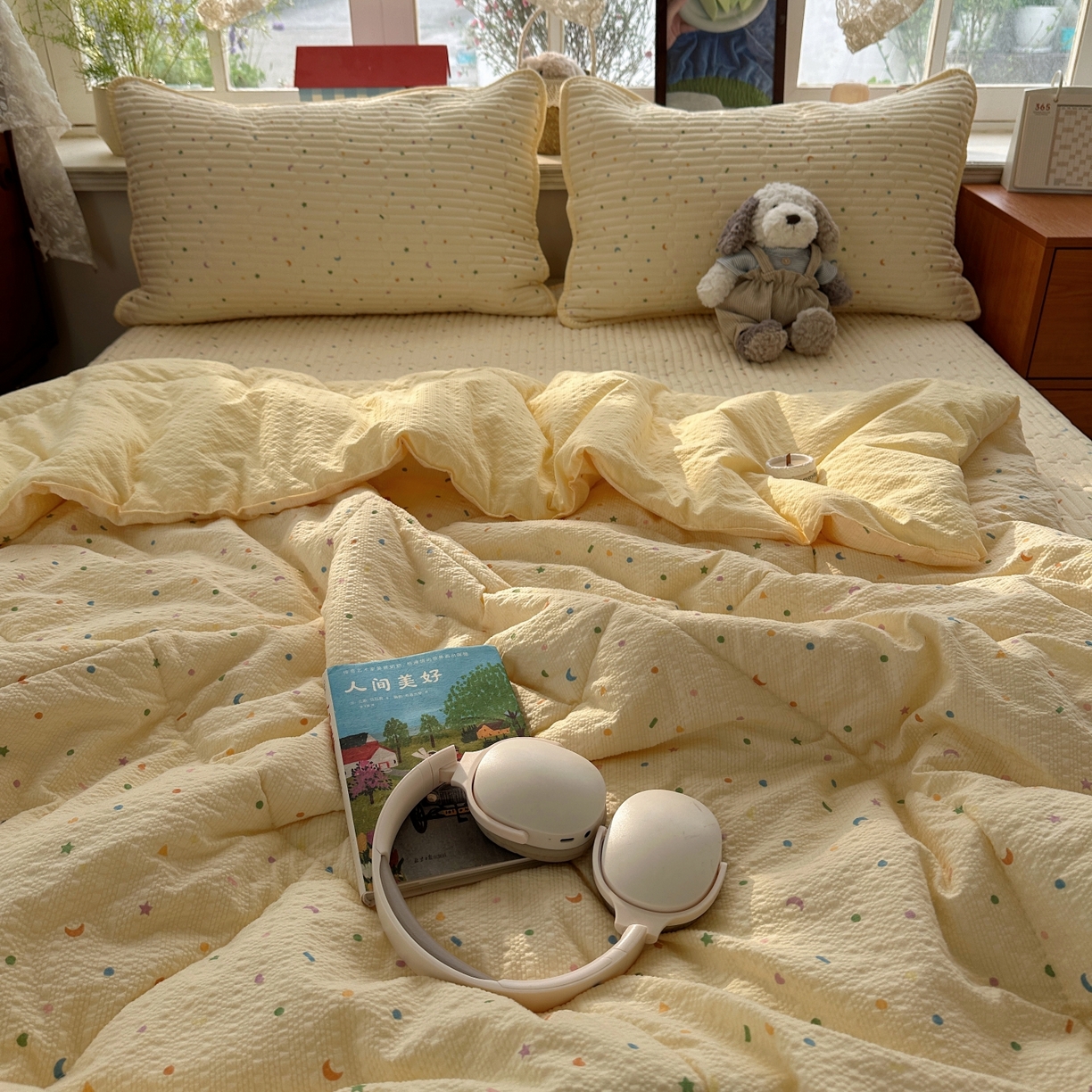 91家纺网 家纺一手货源 找家纺 初念 2026新款高品质A类泡芙纱床盖夏被四件套-青提系列（晚风渐热，温柔续夏） 青提-星月糖粒