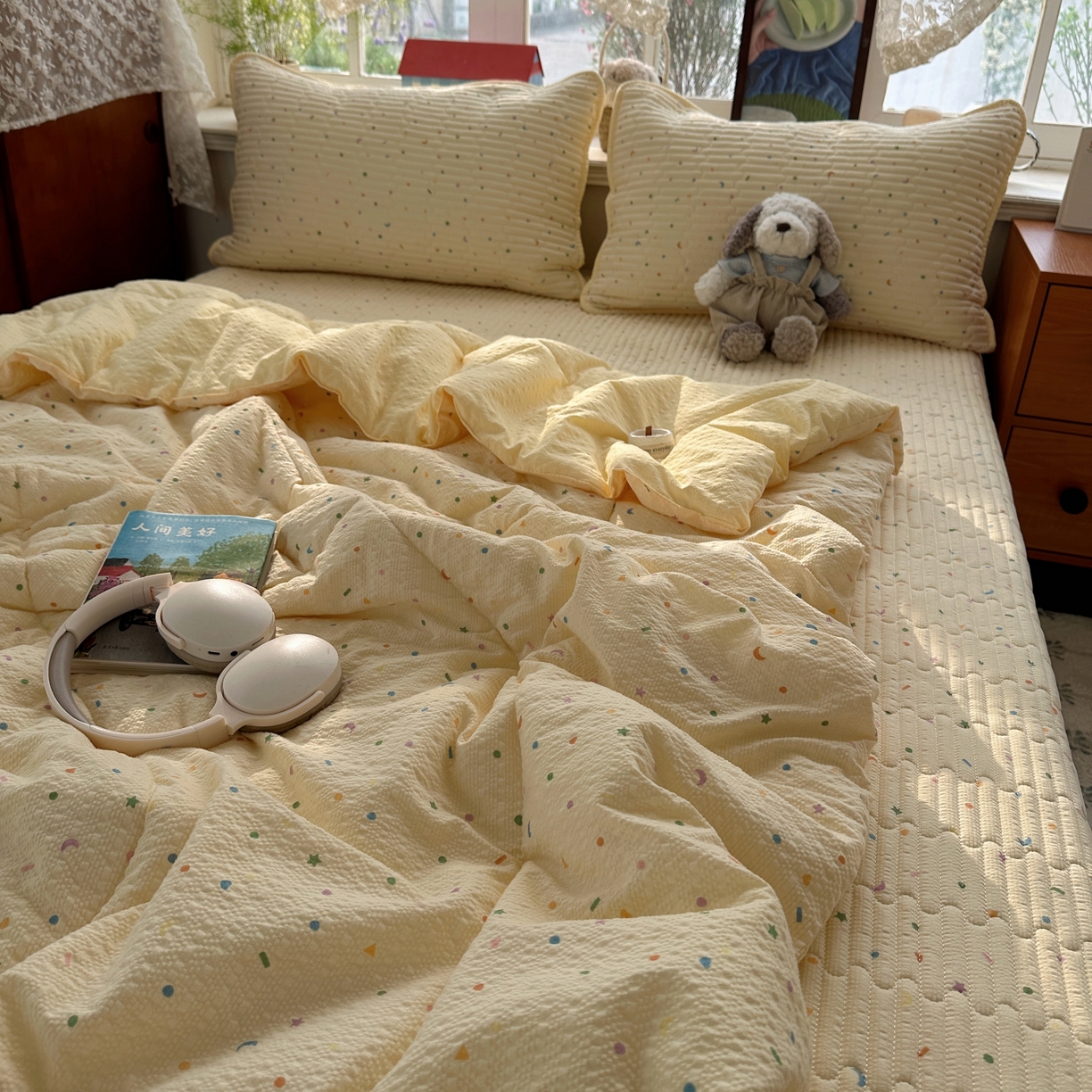91家纺网 家纺一手货源 找家纺 初念 2026新款高品质A类泡芙纱床盖夏被四件套-青提系列（晚风渐热，温柔续夏） 青提-星月糖粒