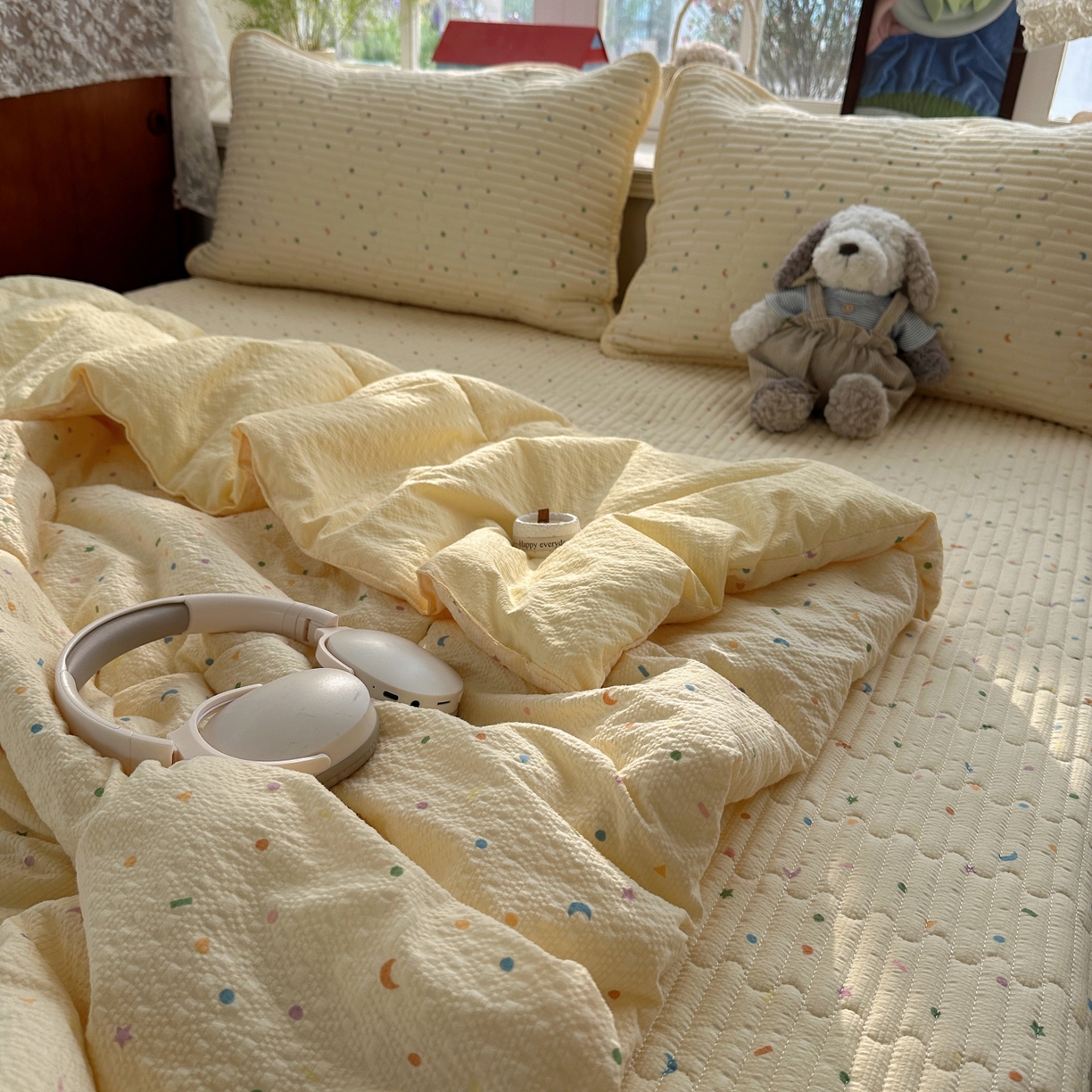 91家纺网 家纺一手货源 找家纺 初念 2026新款高品质A类泡芙纱床盖夏被四件套-青提系列（晚风渐热，温柔续夏） 青提-星月糖粒