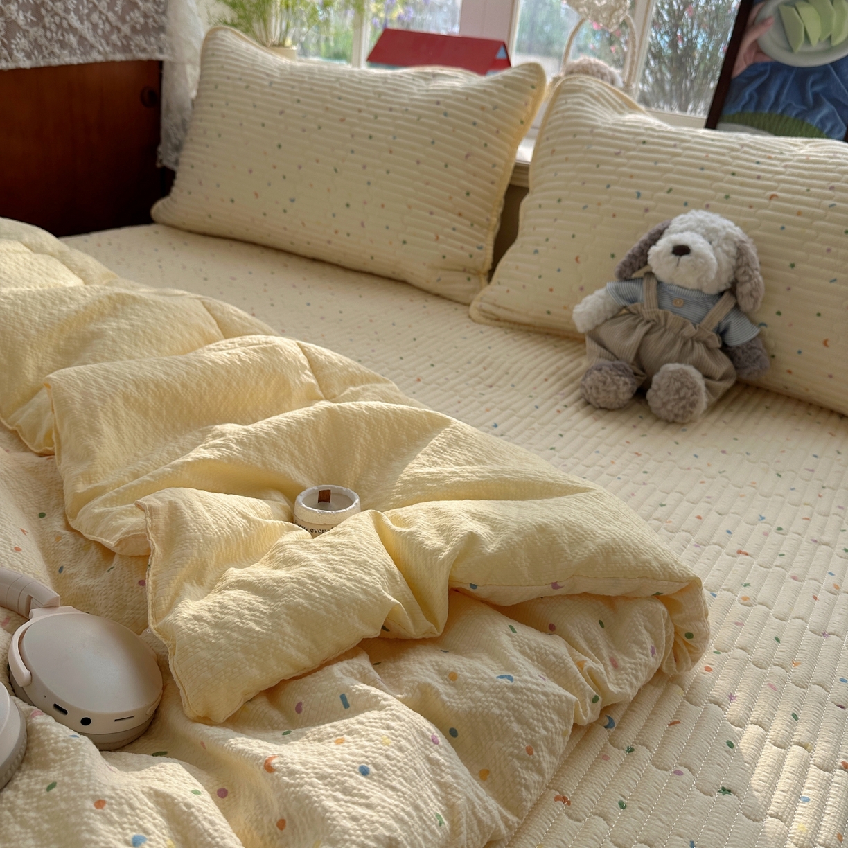 91家纺网 家纺一手货源 找家纺 初念 2026新款高品质A类泡芙纱床盖夏被四件套-青提系列（晚风渐热，温柔续夏） 青提-星月糖粒