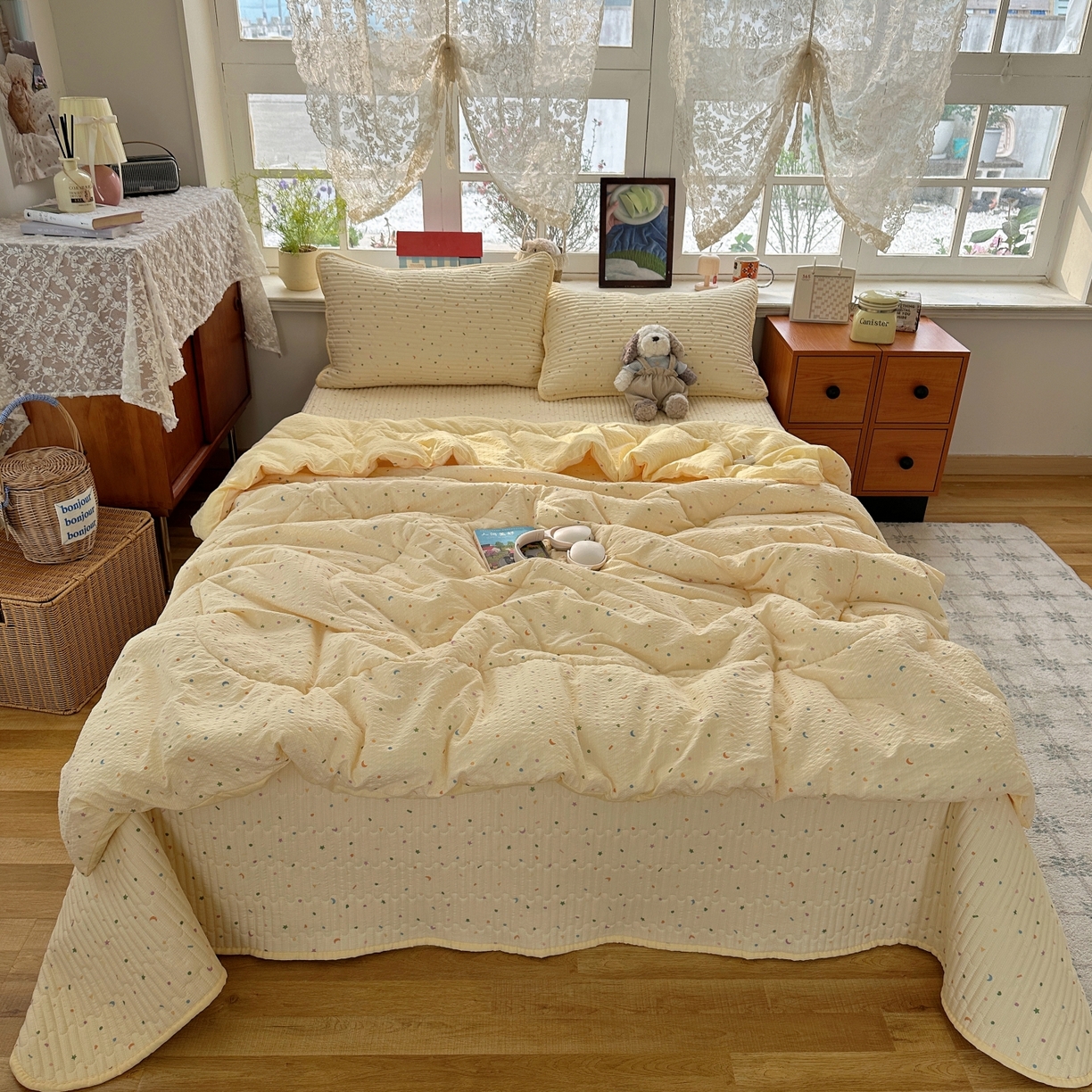 91家纺网 家纺一手货源 找家纺 初念 2026新款高品质A类泡芙纱床盖夏被四件套-青提系列（晚风渐热，温柔续夏） 青提-星月糖粒