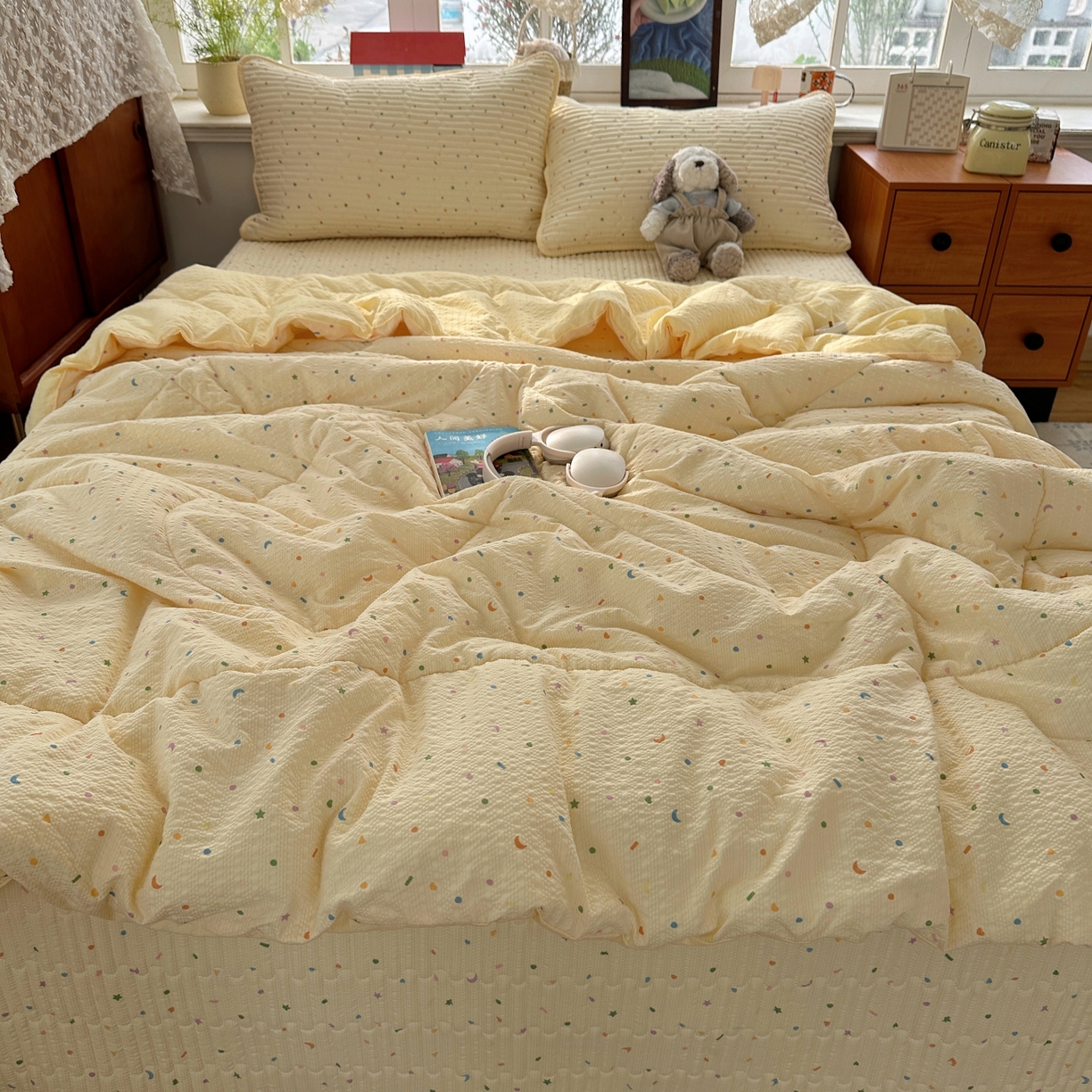 91家纺网 家纺一手货源 找家纺 初念 2026新款高品质A类泡芙纱床盖夏被四件套-青提系列（晚风渐热，温柔续夏） 青提-星月糖粒