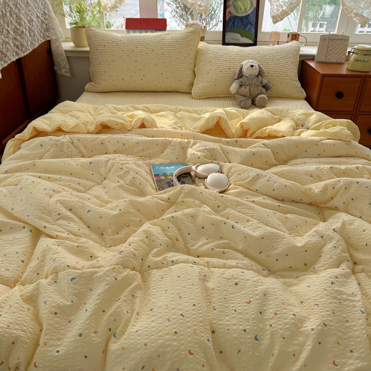 91家纺网 家纺一手货源 找家纺 初念 2026新款高品质A类泡芙纱床盖夏被四件套-青提系列（晚风渐热，温柔续夏） 青提-星月糖粒