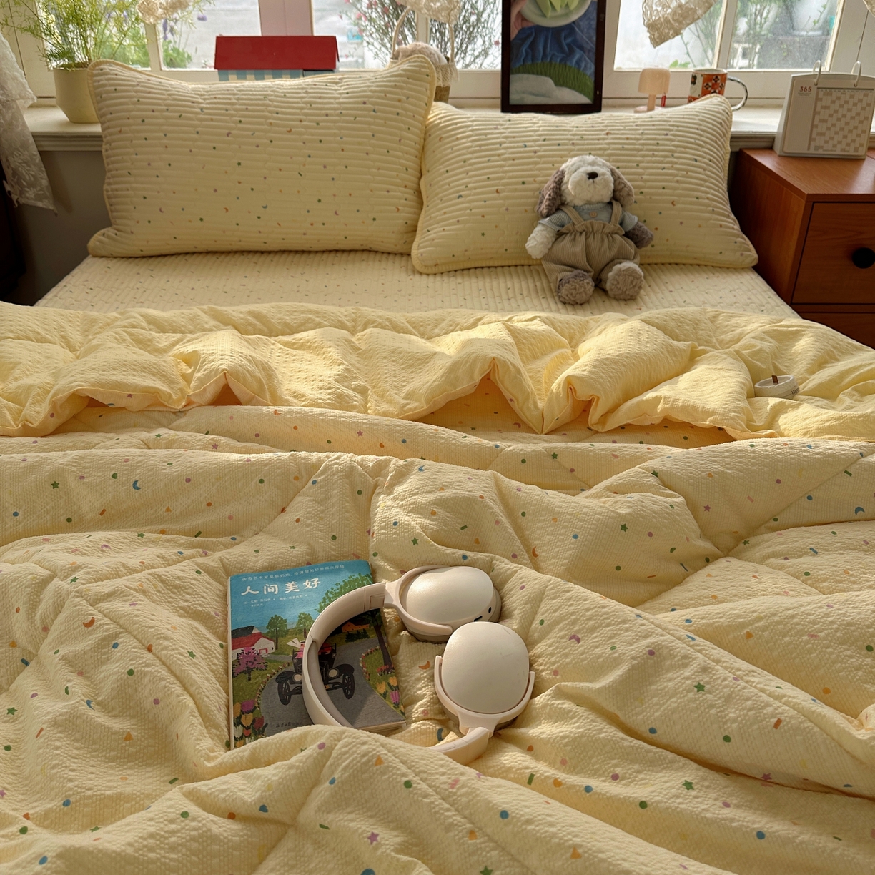 91家纺网 家纺一手货源 找家纺 初念 2026新款高品质A类泡芙纱床盖夏被四件套-青提系列（晚风渐热，温柔续夏） 青提-星月糖粒