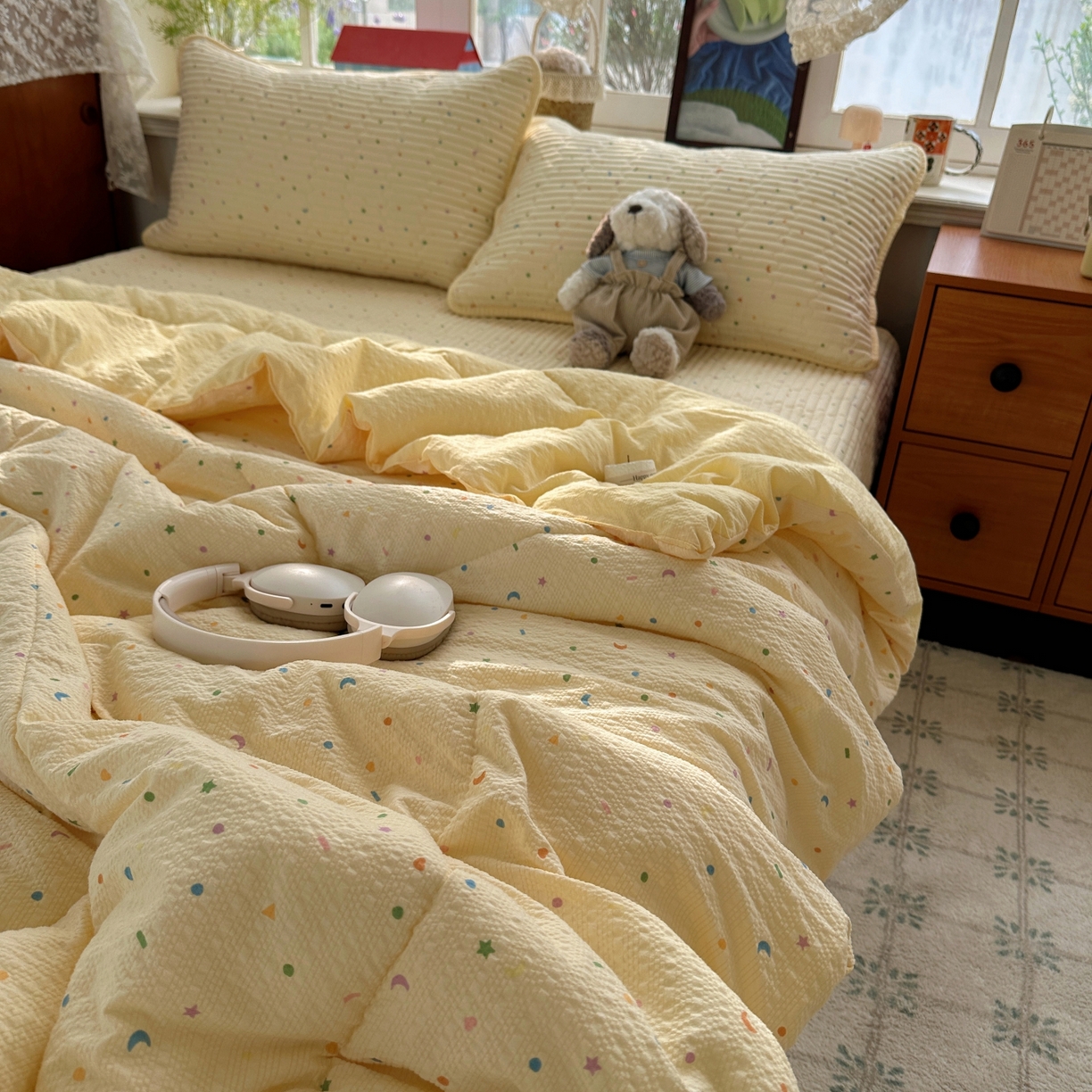 91家纺网 家纺一手货源 找家纺 初念 2026新款高品质A类泡芙纱床盖夏被四件套-青提系列（晚风渐热，温柔续夏） 青提-星月糖粒