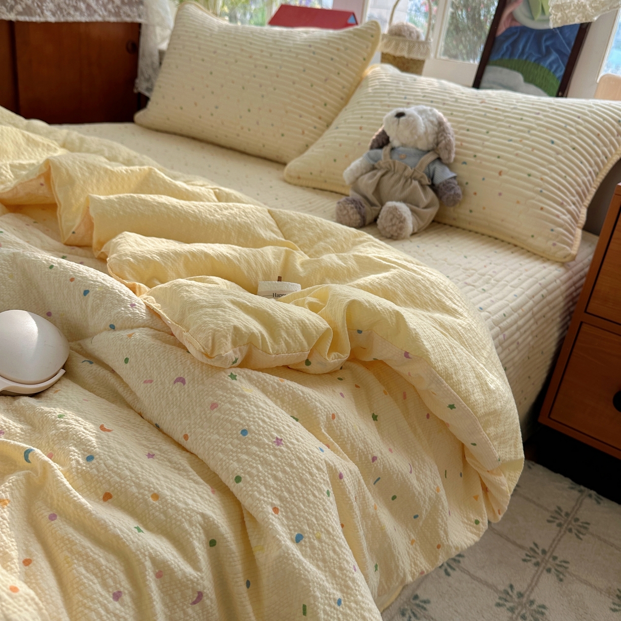 91家纺网 家纺一手货源 找家纺 初念 2026新款高品质A类泡芙纱床盖夏被四件套-青提系列（晚风渐热，温柔续夏） 青提-星月糖粒