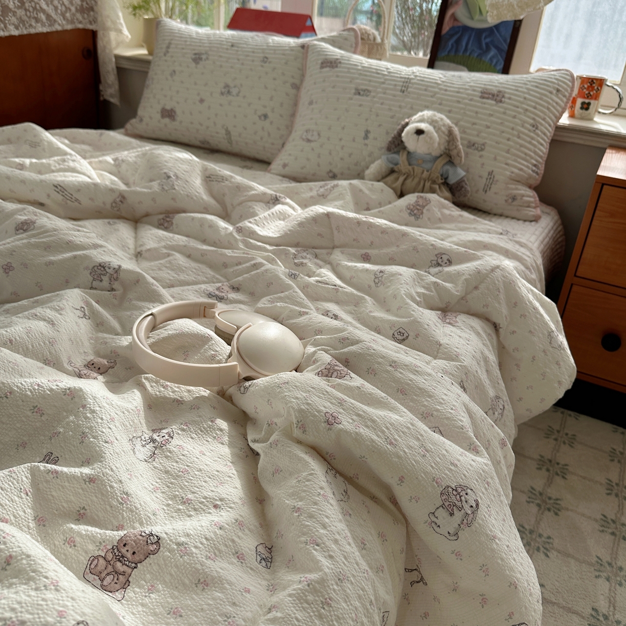 91家纺网 家纺一手货源 找家纺 初念 2026新款高品质A类泡芙纱床盖夏被四件套-青提系列（晚风渐热，温柔续夏） 青提-悦悦小兔