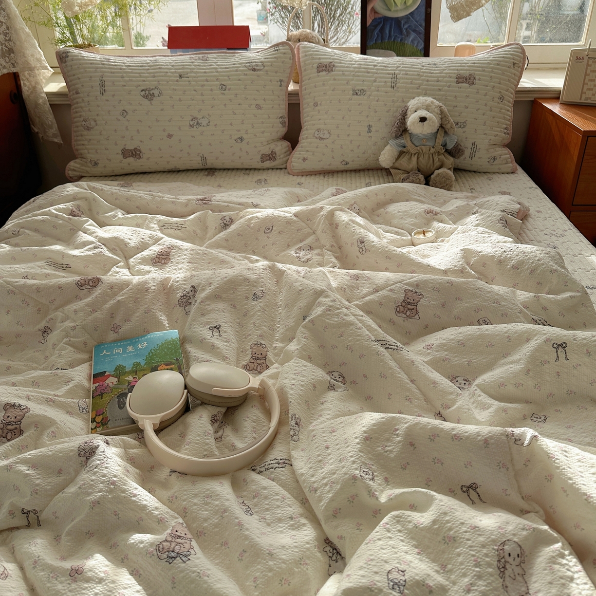 91家纺网 家纺一手货源 找家纺 初念 2026新款高品质A类泡芙纱床盖夏被四件套-青提系列（晚风渐热，温柔续夏） 青提-悦悦小兔