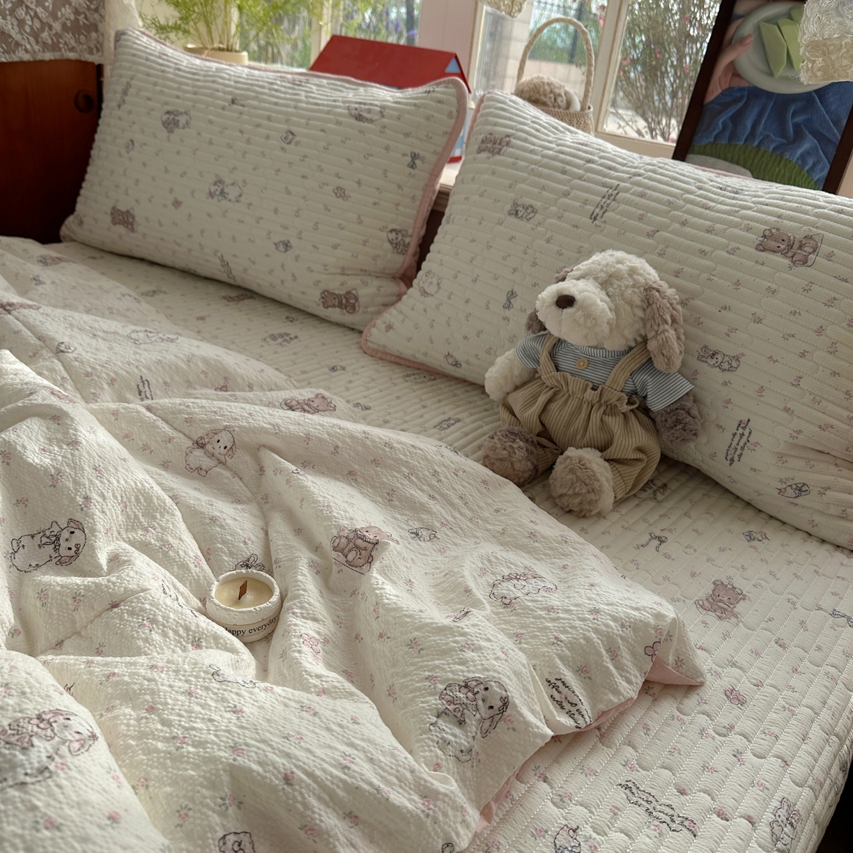 91家纺网 家纺一手货源 找家纺 初念 2026新款高品质A类泡芙纱床盖夏被四件套-青提系列（晚风渐热，温柔续夏） 青提-悦悦小兔