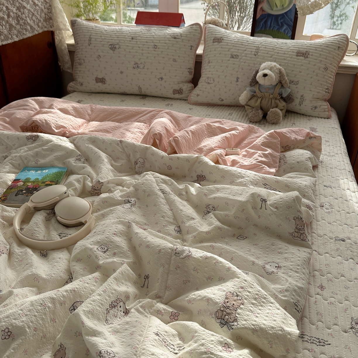 91家纺网 家纺一手货源 找家纺 初念 2026新款高品质A类泡芙纱床盖夏被四件套-青提系列（晚风渐热，温柔续夏） 青提-悦悦小兔