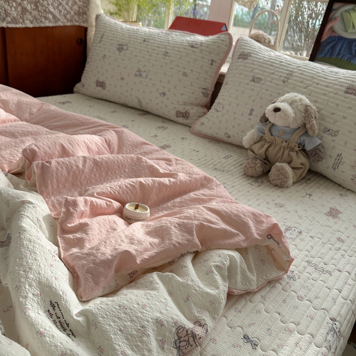 91家纺网 家纺一手货源 找家纺 初念 2026新款高品质A类泡芙纱床盖夏被四件套-青提系列（晚风渐热，温柔续夏） 青提-悦悦小兔