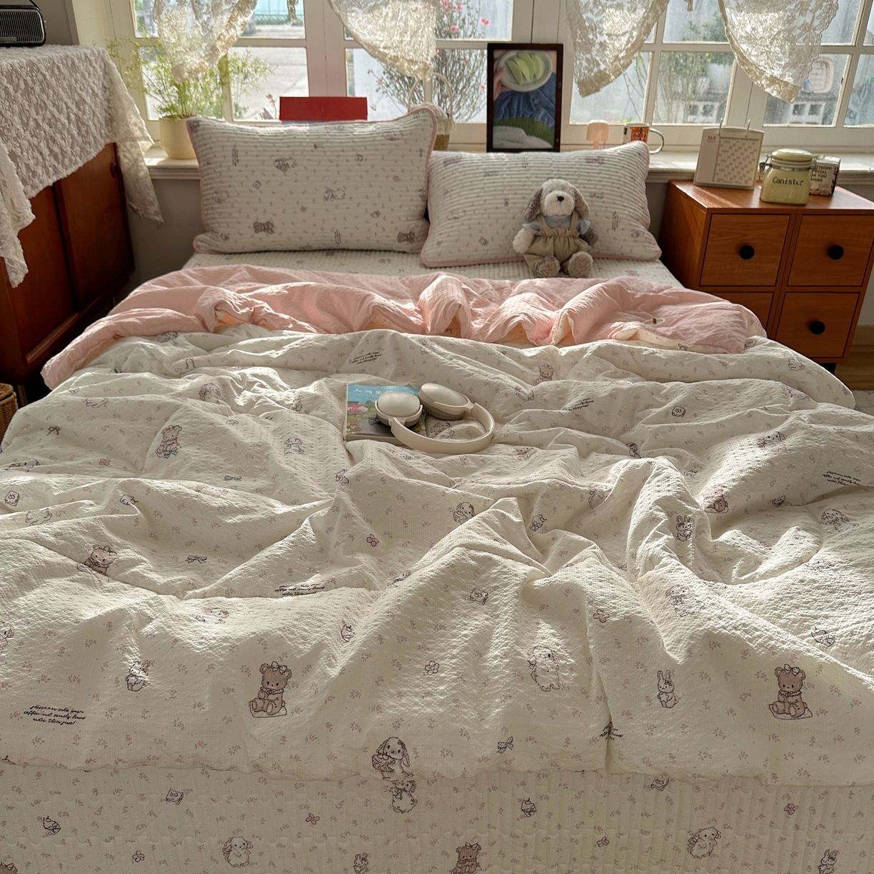 91家纺网 家纺一手货源 找家纺 初念 2026新款高品质A类泡芙纱床盖夏被四件套-青提系列（晚风渐热，温柔续夏） 青提-悦悦小兔