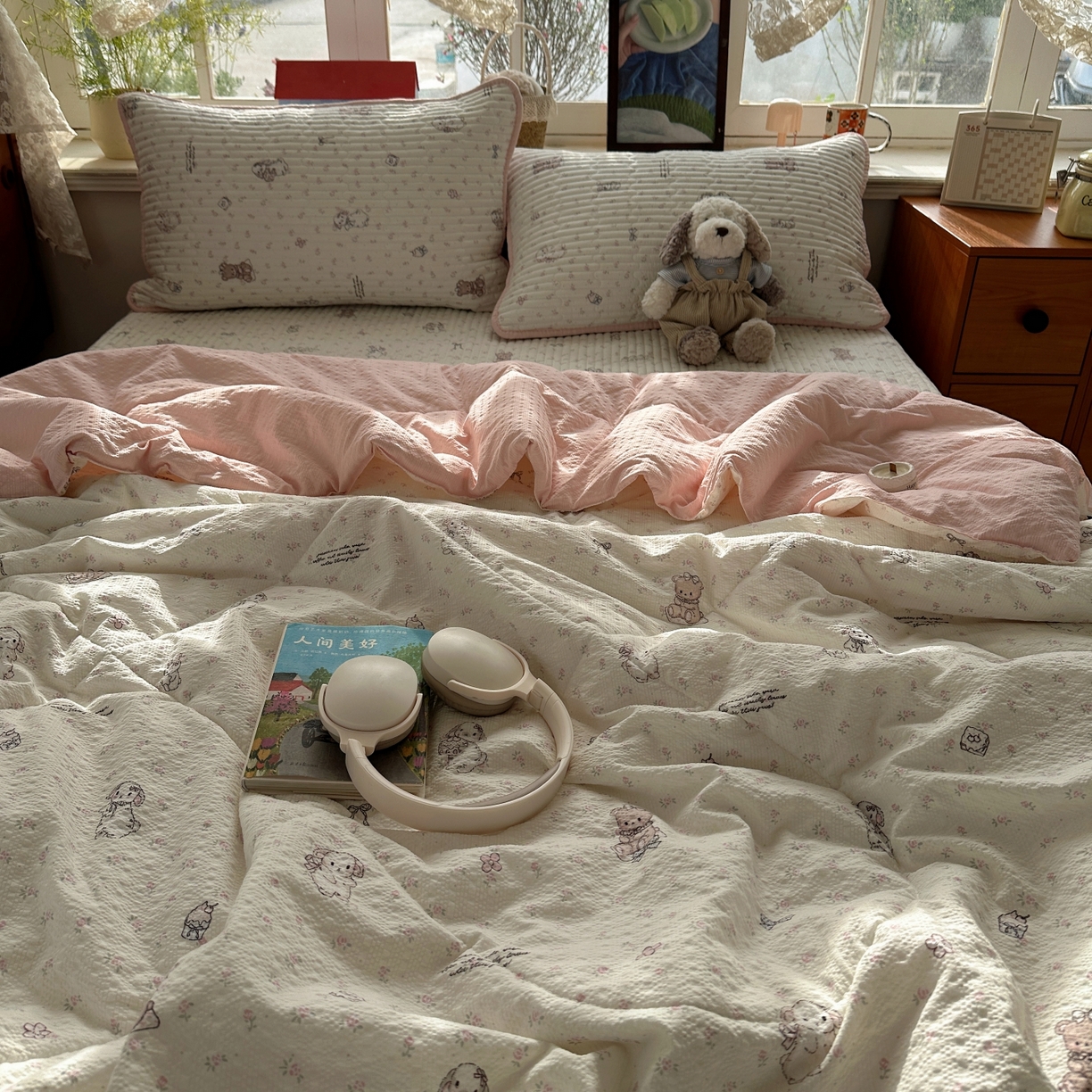 91家纺网 家纺一手货源 找家纺 初念 2026新款高品质A类泡芙纱床盖夏被四件套-青提系列（晚风渐热，温柔续夏） 青提-悦悦小兔