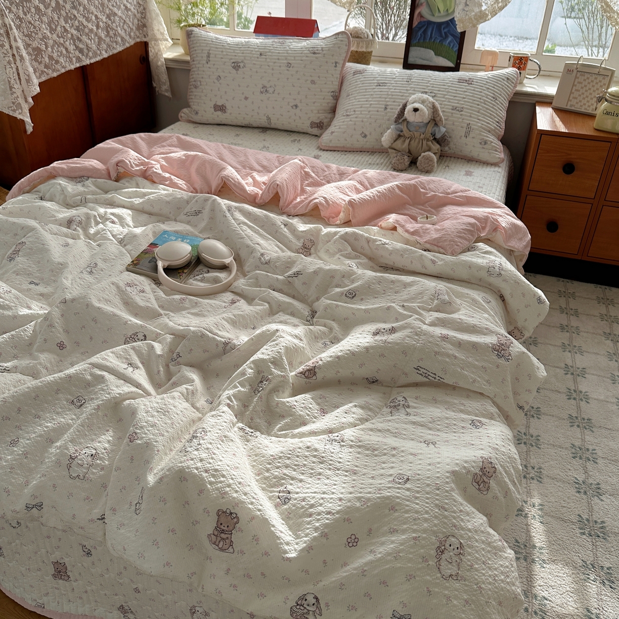 91家纺网 家纺一手货源 找家纺 初念 2026新款高品质A类泡芙纱床盖夏被四件套-青提系列（晚风渐热，温柔续夏） 青提-悦悦小兔