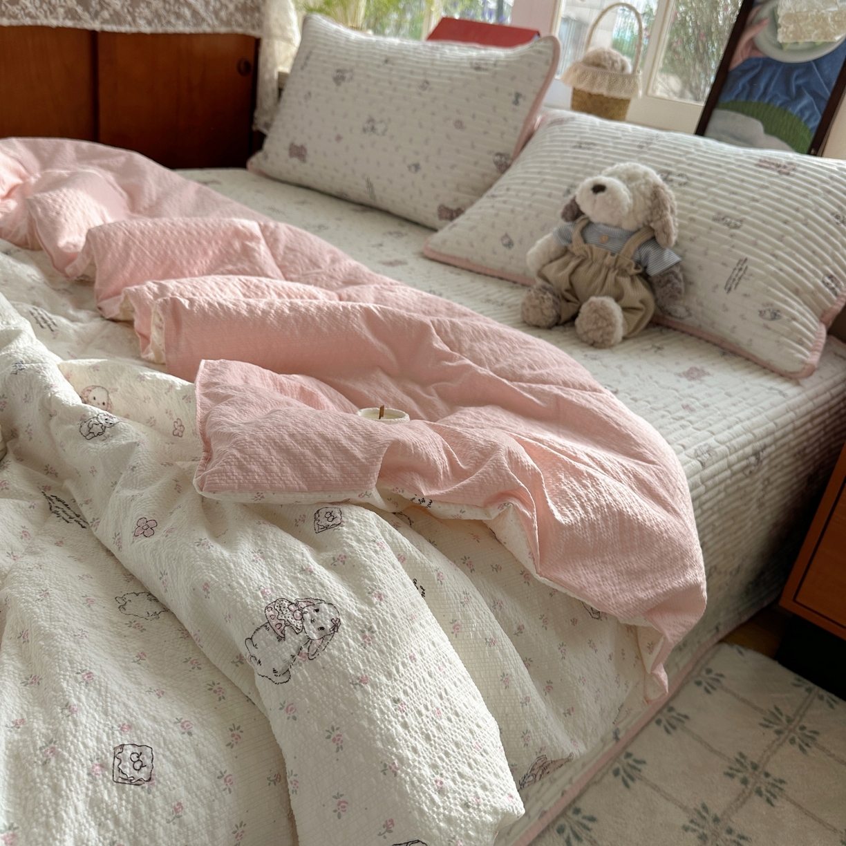 91家纺网 家纺一手货源 找家纺 初念 2026新款高品质A类泡芙纱床盖夏被四件套-青提系列（晚风渐热，温柔续夏） 青提-悦悦小兔