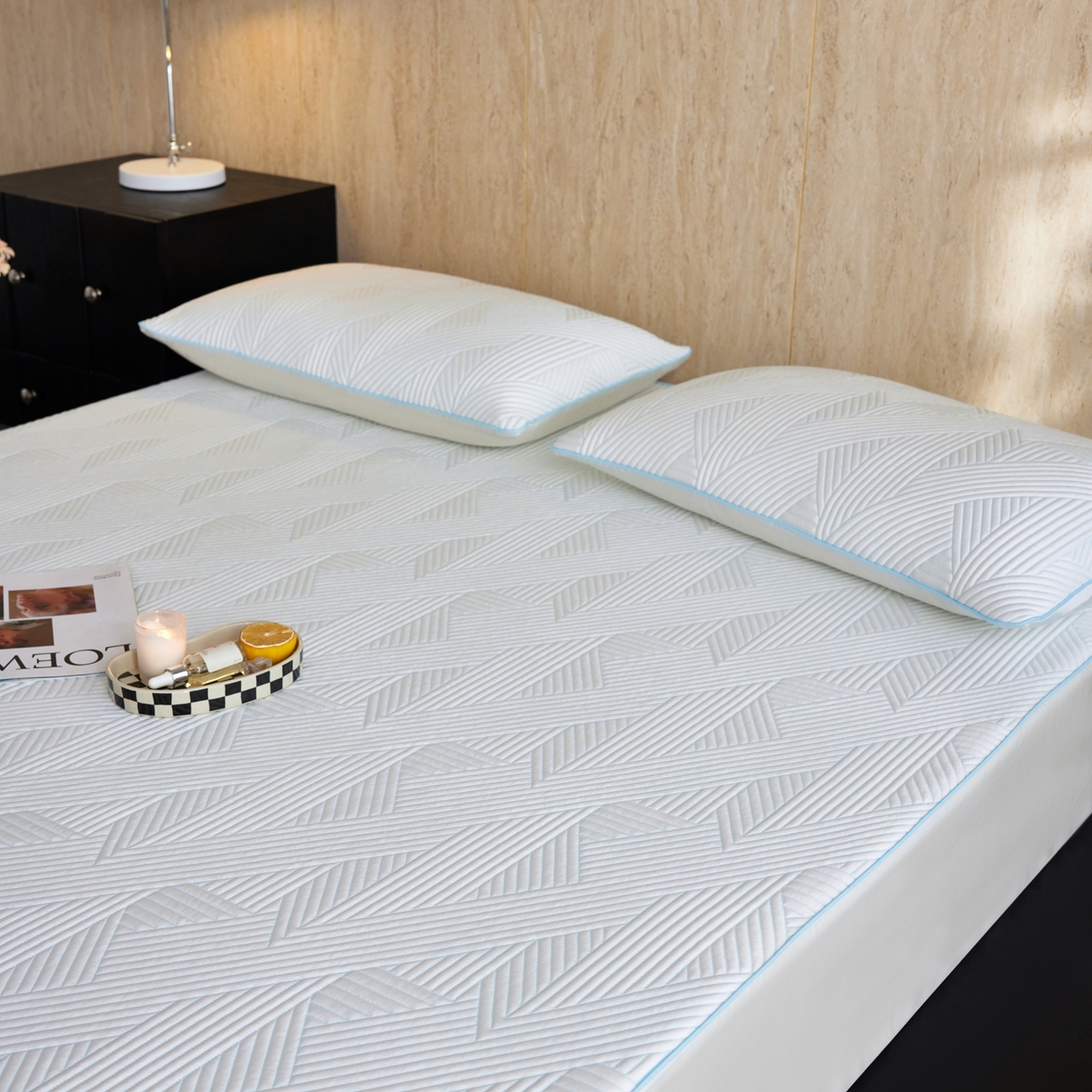 91家纺网 家纺一手货源 找家纺 安莱生活 2026新款A类“冰糕”高分子PE550D床笠款（含银丝款）三件套凉席-第一批 斜屿