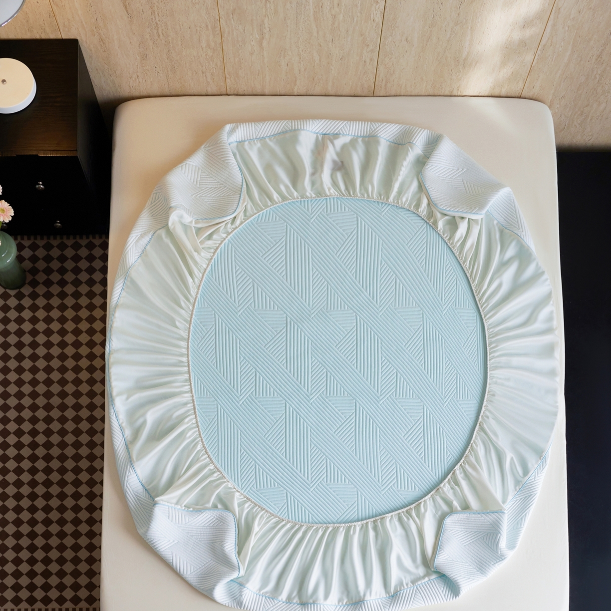 91家纺网 家纺一手货源 找家纺 安莱生活 2026新款A类“冰糕”高分子PE550D床笠款（含银丝款）三件套凉席-第一批 斜屿