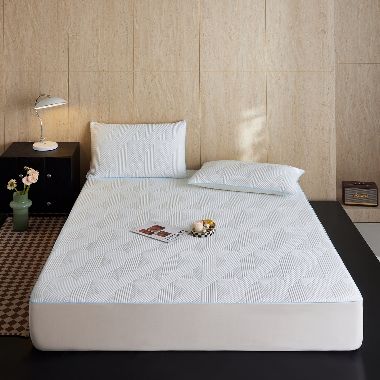 91家纺网 家纺一手货源 找家纺 安莱生活 2026新款A类“冰糕”高分子PE550D床笠款（含银丝款）三件套凉席-第一批 斜屿