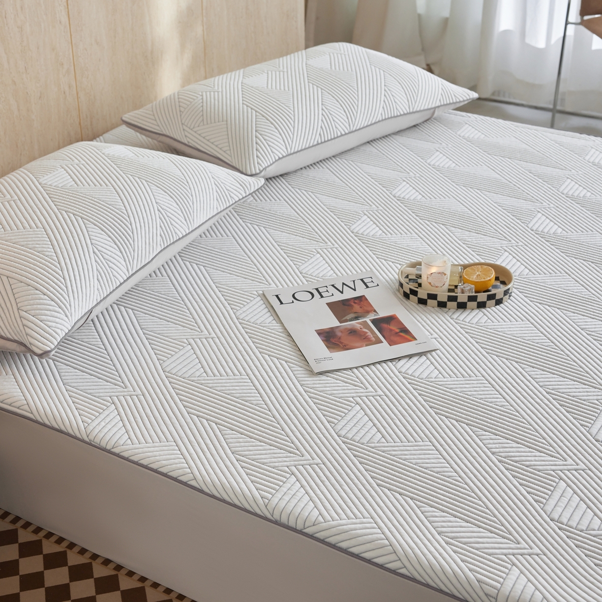 91家纺网 家纺一手货源 找家纺 安莱生活 2026新款A类“冰糕”高分子PE550D床笠款（含银丝款）三件套凉席-第一批 斜屿-灰